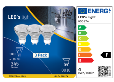 3 STÜCK (VPE) SHADA LED Spot GU10 360lm 4W, Warmweiss 2700K, MR16 klar, EEC: F (600174)